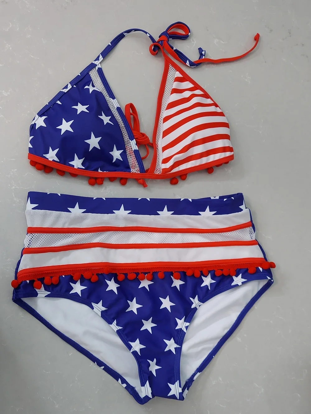 USA Flag Bikini, New! Size L, Pom-Poms, Stars & Stripes, Red Blue